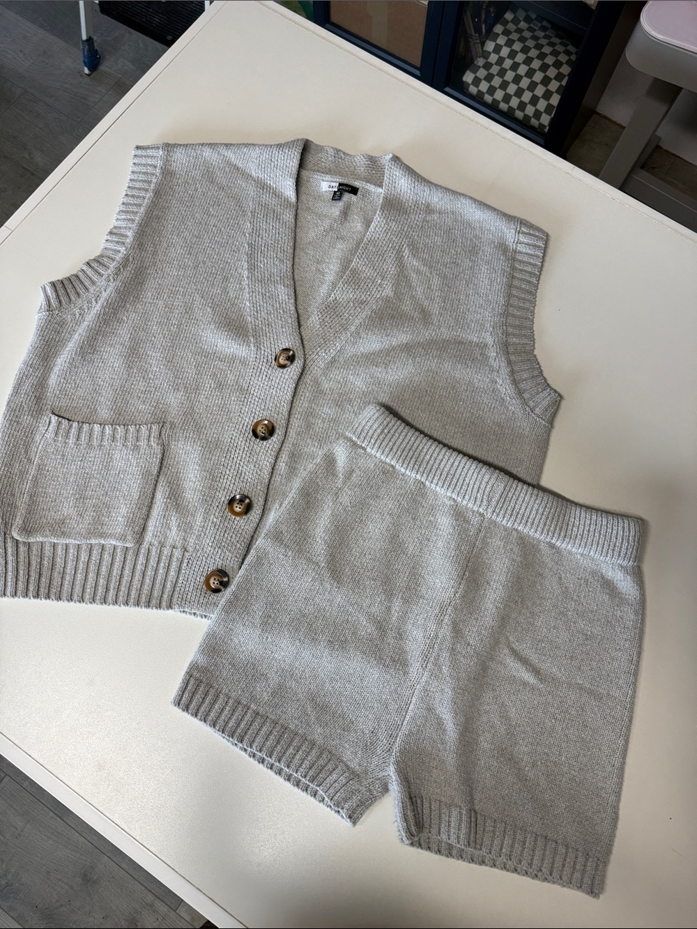 Casual Knit Button Vest & Shorts Set - Light Gray